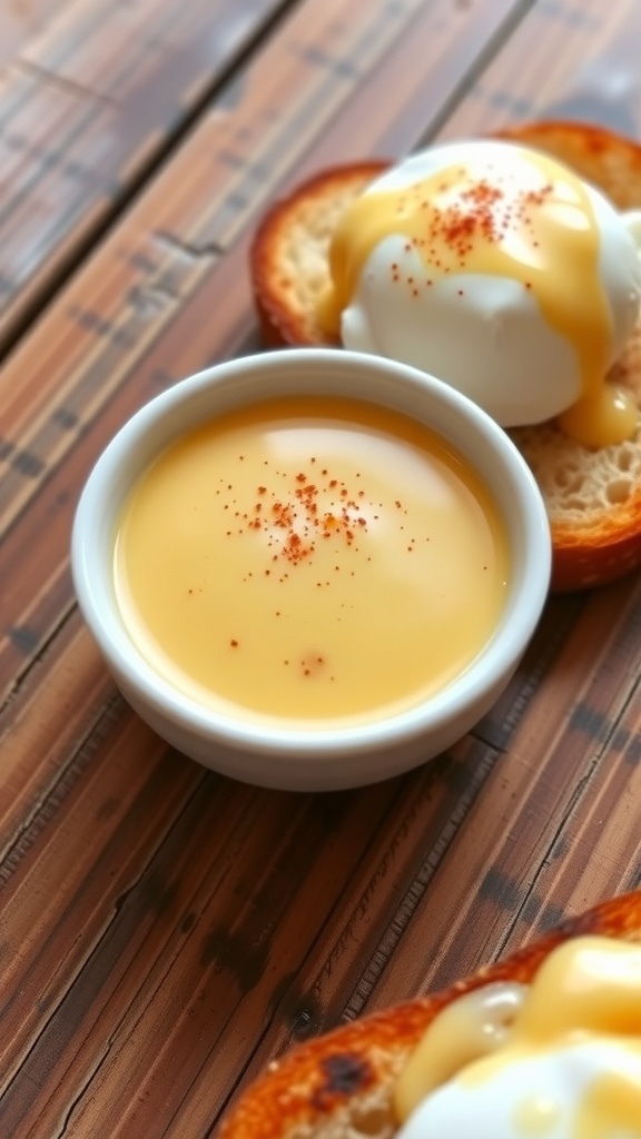 A bowl of rich hollandaise sauce with a poached egg on toast, garnished with cayenne pepper.